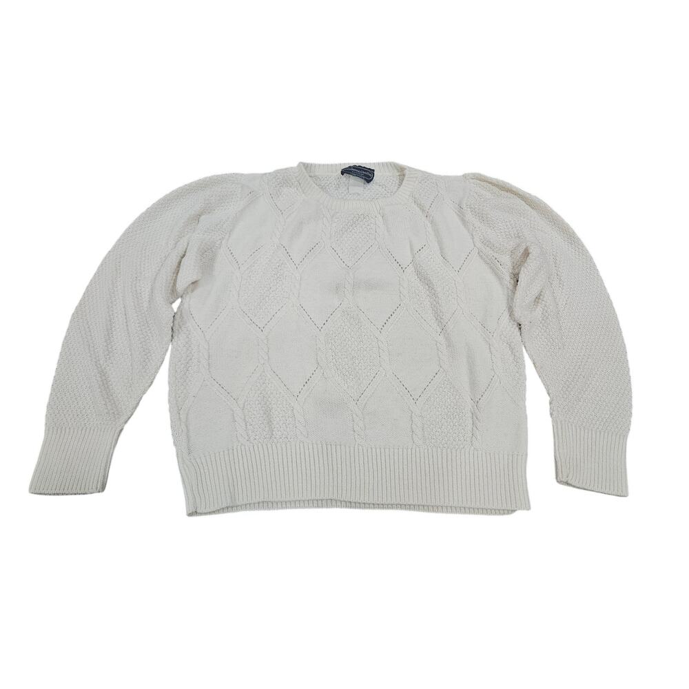 Vintage Made USA White Cable Knit Sweater Puff Sleeve Quiet Luxury M